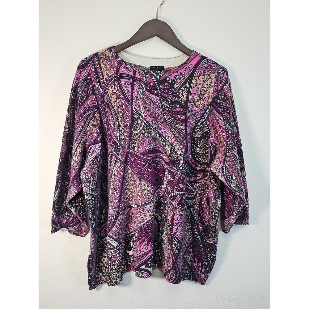 Talbots Sweater Womens Large Petite Purple Paisley Pure‎ Cashmere Lightweight